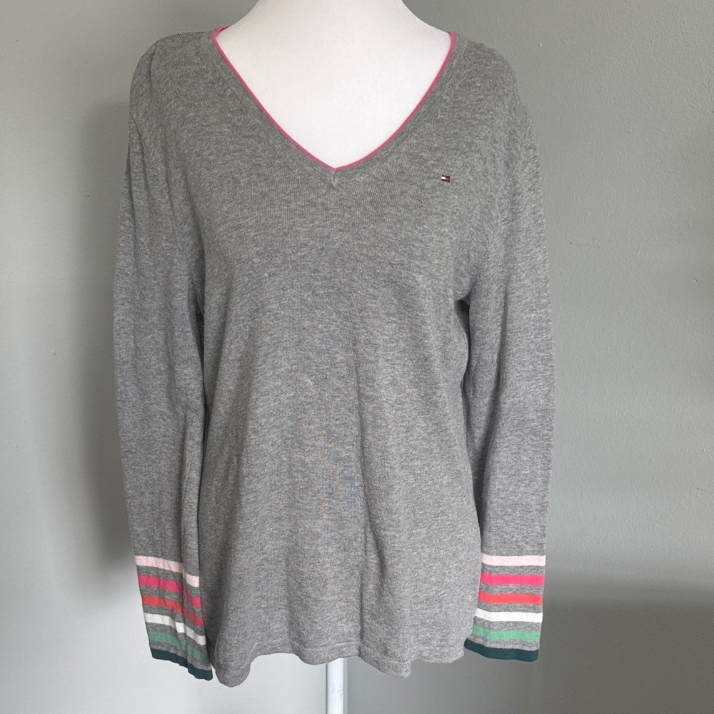 Tommy Hilfiger Gray and Pink Trim Sweater preppy feminine staple